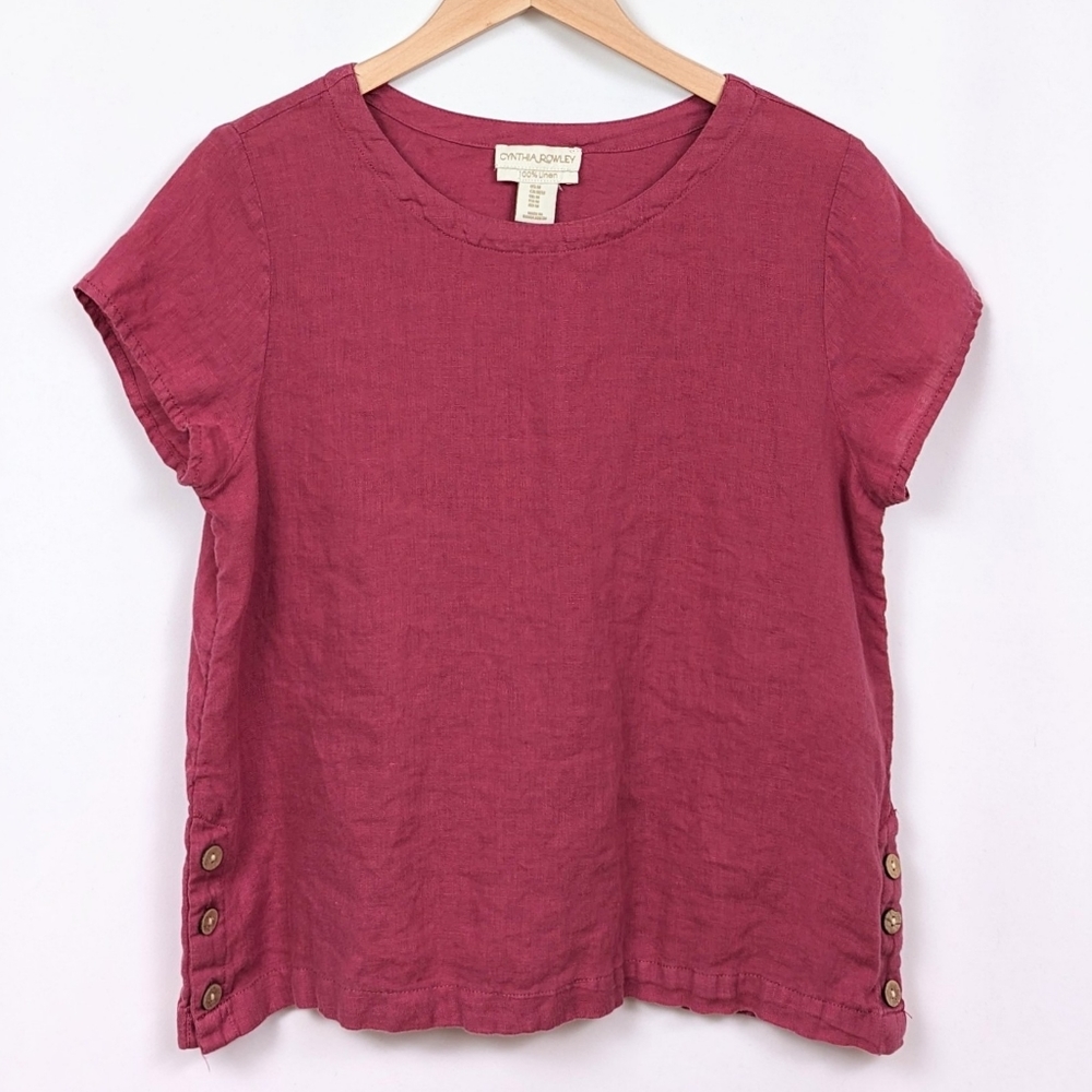 Cynthia Rowley Top Linen Button Sides Short Sleeve Round Neck Boxy Pink size M